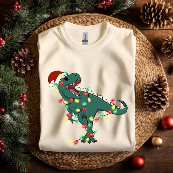Christmas T-Rex Light Shirt, Dinosaur Christmas T-Shirt, Dinosaur Christmas - Picture 2 of 3